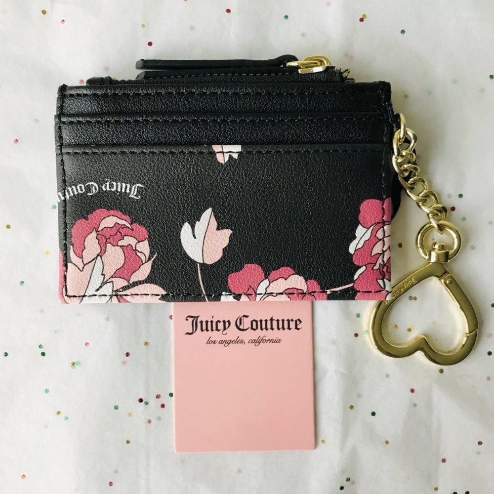 Juicy Couture Pretty Rose Black Statement Card case w Zip coin    4.5"X 2.7" - Picture 2 of 2
